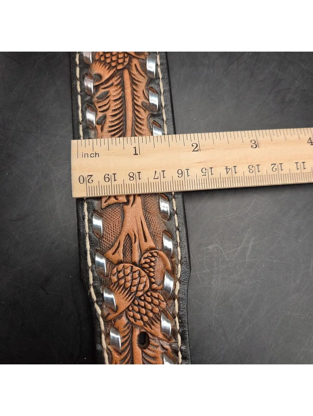 TANDY Western Leather Belt Mens 36 Brown Hand Tooled Floral Silver Studded 1.5in